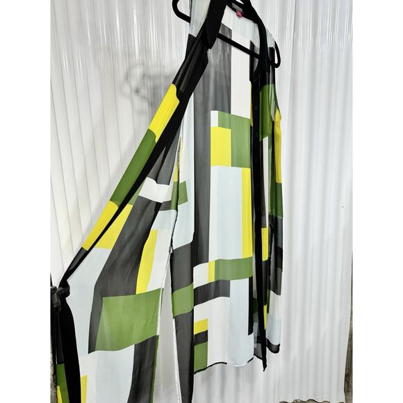 Vince Camuto XL Sheer Black White Yellow Long Maxi Cover Up Dress Short Sleeve - Picture 3 of 5
